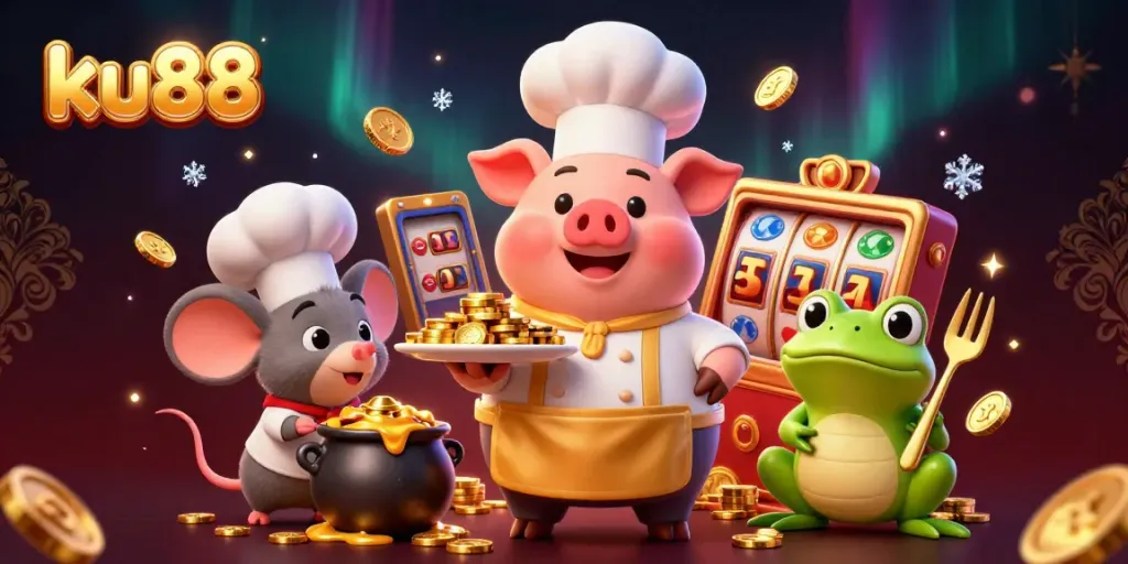 Engage with exciting games at ku88 with a vibrant 3D scene of characters celebrating casino wins.