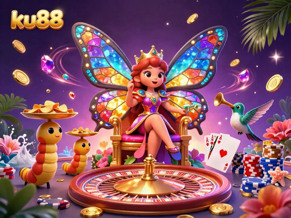 Experience the vibrant casino atmosphere with ku88, featuring a butterfly queen and dynamic game elements.