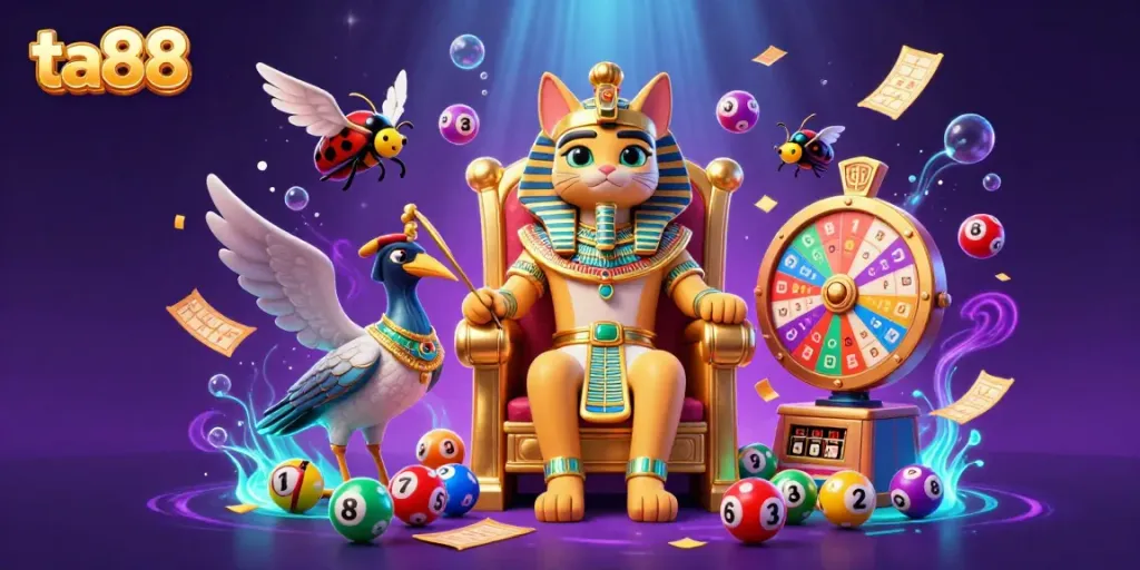 Experience thrilling action at ta88 with an Egyptian pharaoh cat sitting on a throne, surrounded by exciting gambling elements.