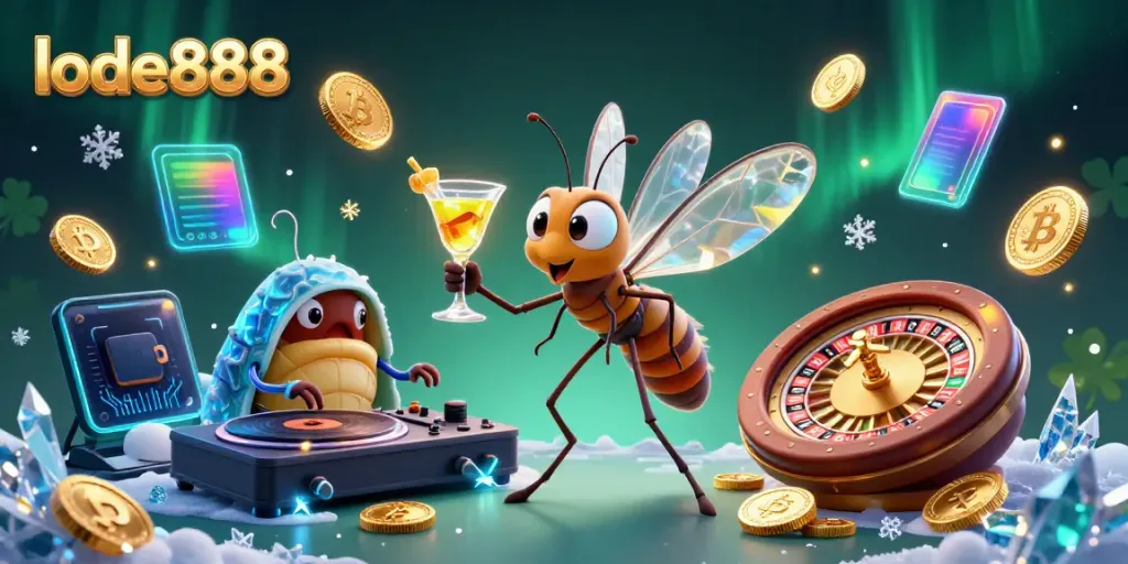 Experience the vibrant lode888 atmosphere with 3D characters and crypto coins in this dynamic casino scene.