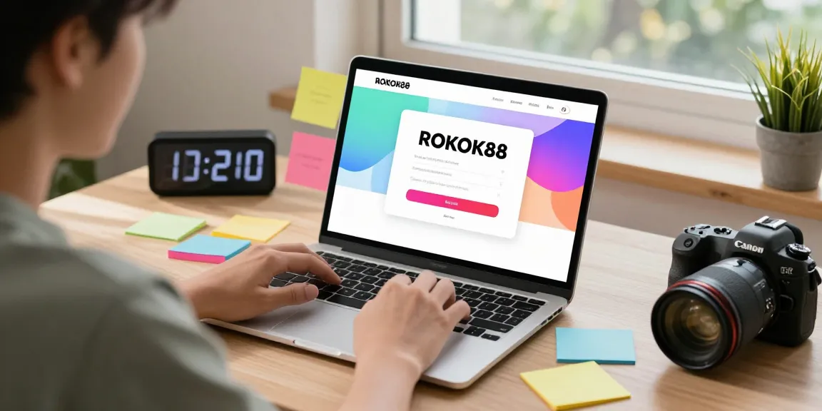 User engaging with ROKOK88 login interface on a laptop, dynamic workspace with colorful elements.