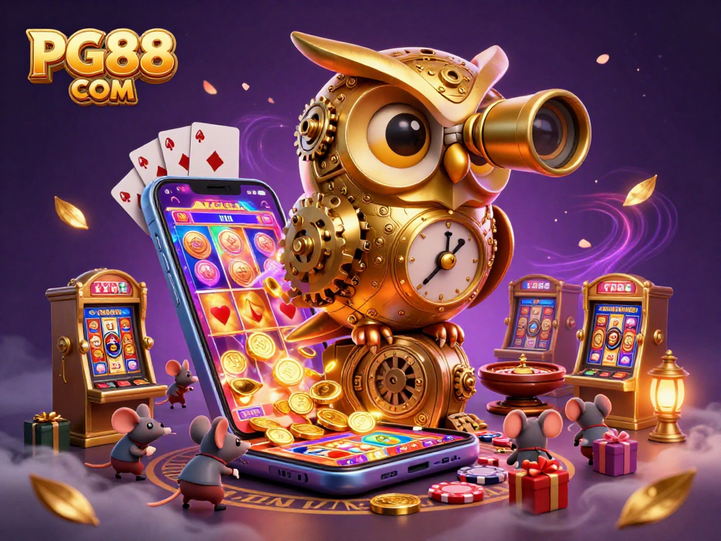 Engage with PG88 COM as the clockwork owl oversees a vibrant casino scene filled with games.