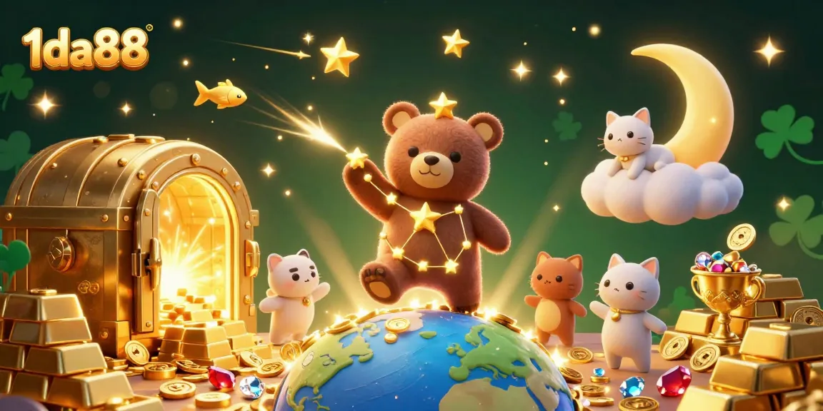 1da88 showcases gaming excitement with a constellation bear gathering coins amidst treasure.