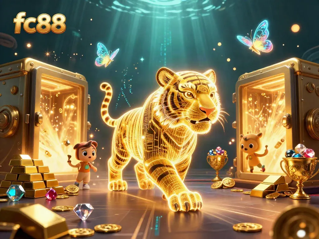 Experience thrilling gameplay at fc88 with a vibrant digital casino featuring a golden tiger and treasures.