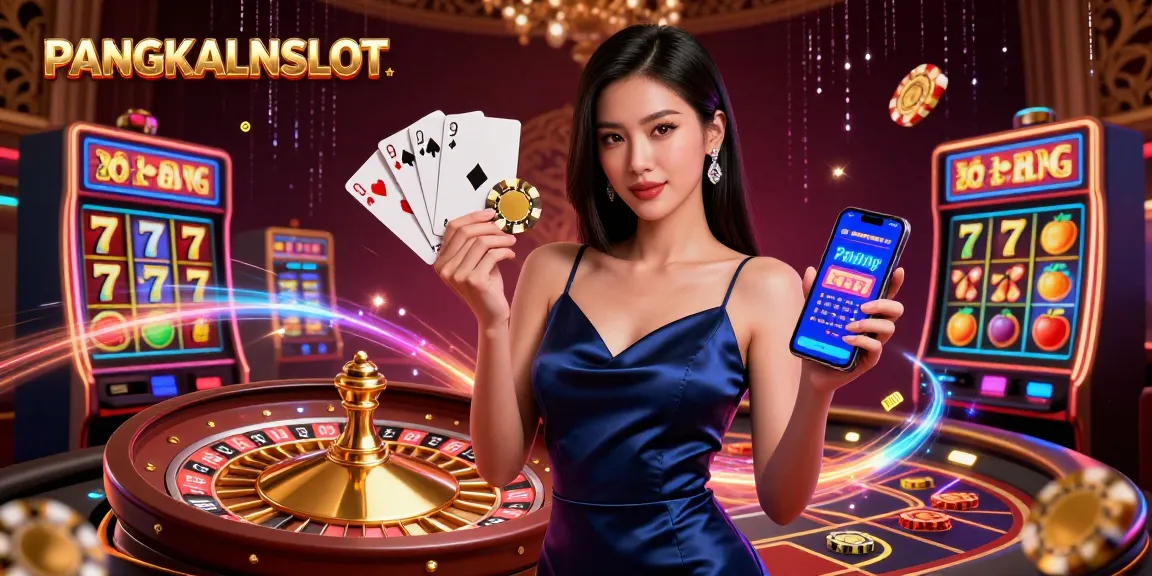 PANGKALANSLOT showcases a confident Asian woman holding a golden chip and smartphone in a vibrant casino scene.