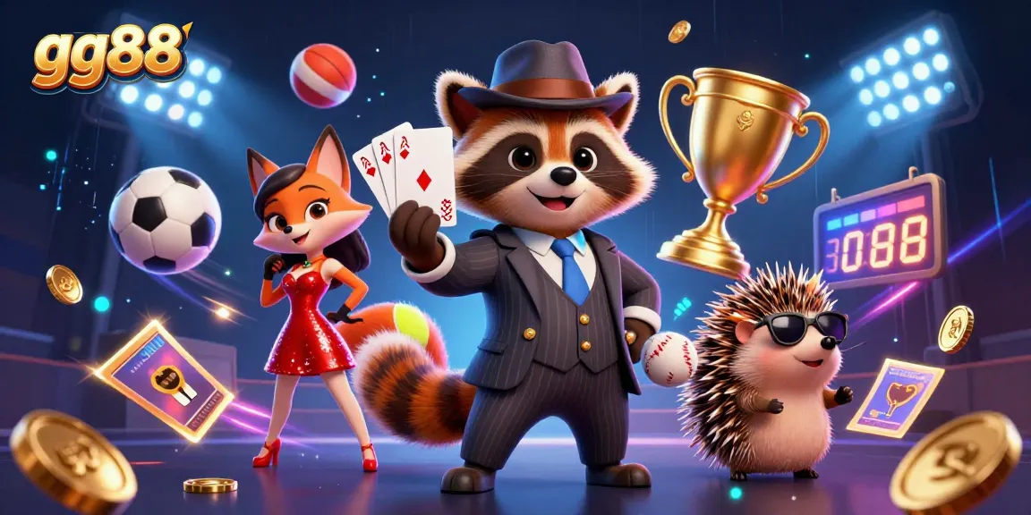 Experience thrilling gameplay with GG88 as a raccoon in a suit plays poker surrounded by sports elements.