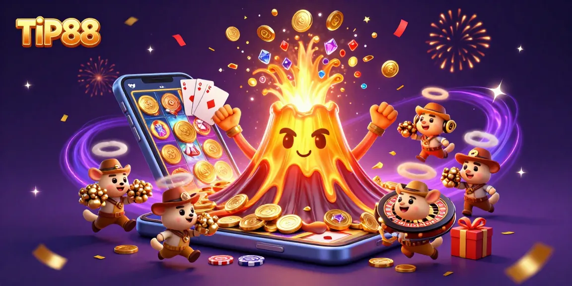 Engage with TIP88's thrilling casino experience featuring a volcano of treasures and dynamic gaming elements.