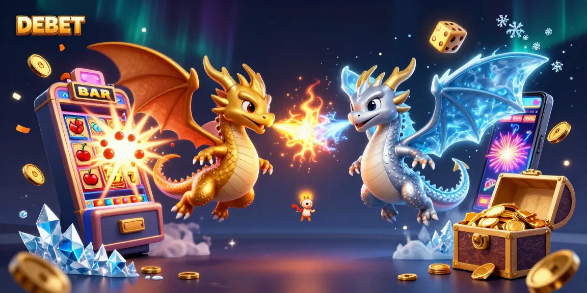 DEBET showcases thrilling casino action with golden and silver dragons amidst jackpot excitement.