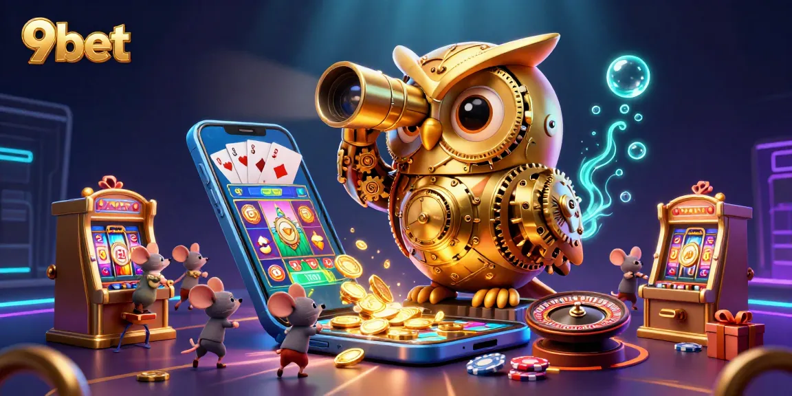 Engage with 9bet's vibrant casino scene featuring a golden owl, slot games, and dynamic gaming elements.
