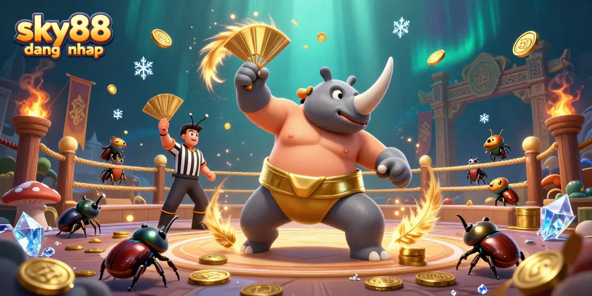 Bet on thrilling matches with sky88 dang nhap featuring a cartoon rhinoceros beetle champion in action.