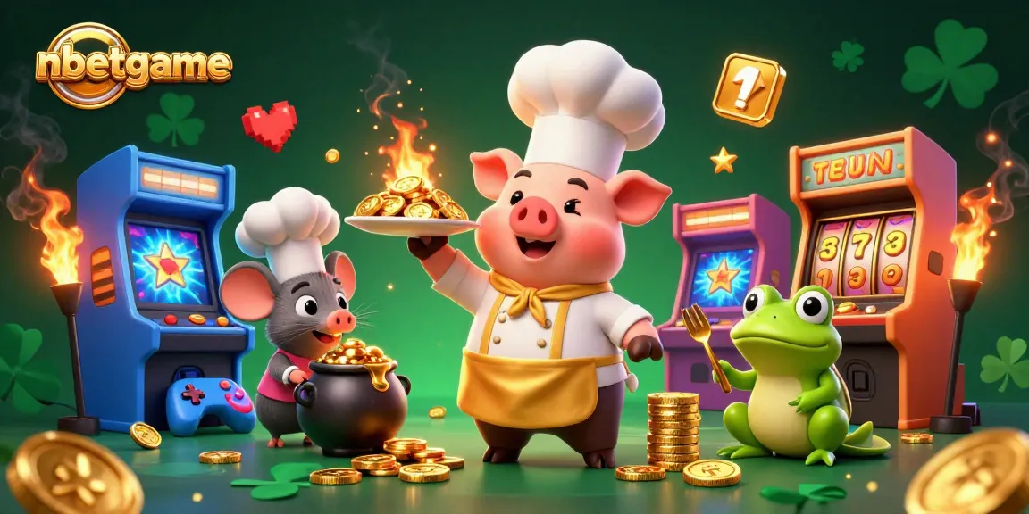 Engage with nbetgame's vibrant 3D casino adventure featuring gold coins, arcade machines, and whimsical characters.