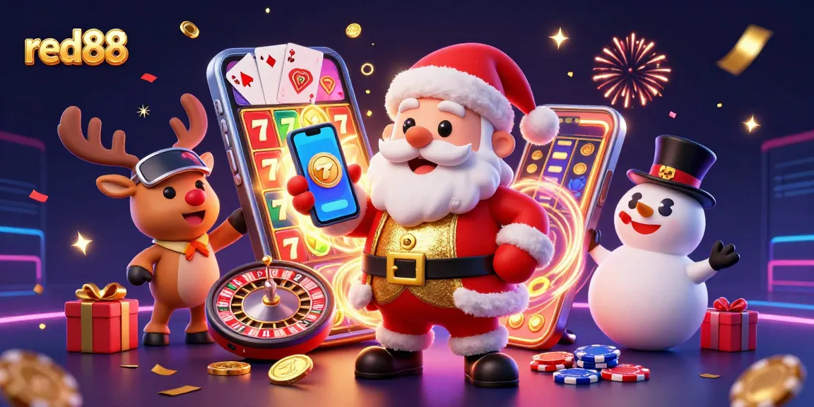 Catch the excitement at red88 with festive Santa, a reindeer dealer, and a poker chip snowman!
