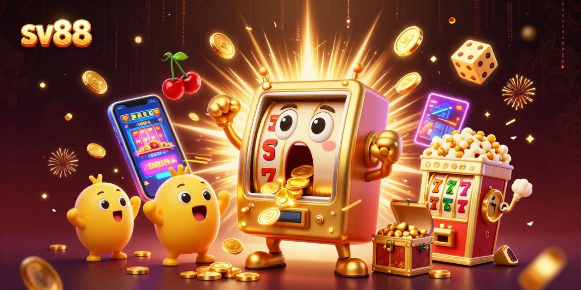 Experience winning thrills with sv88 as a cartoon slot machine hits a jackpot amid a whirlwind of gold coins.