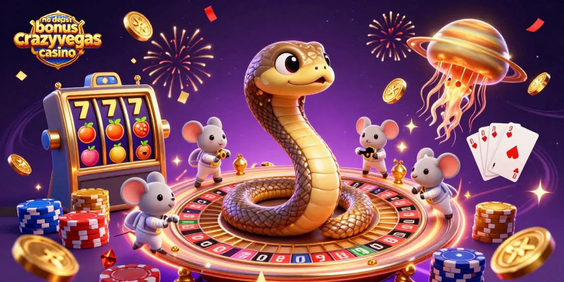 No deposit bonus crazyvegas casino illustration with Saturn ring snake roulette, astronaut mice betting, and cosmic jellyfish dealer.
